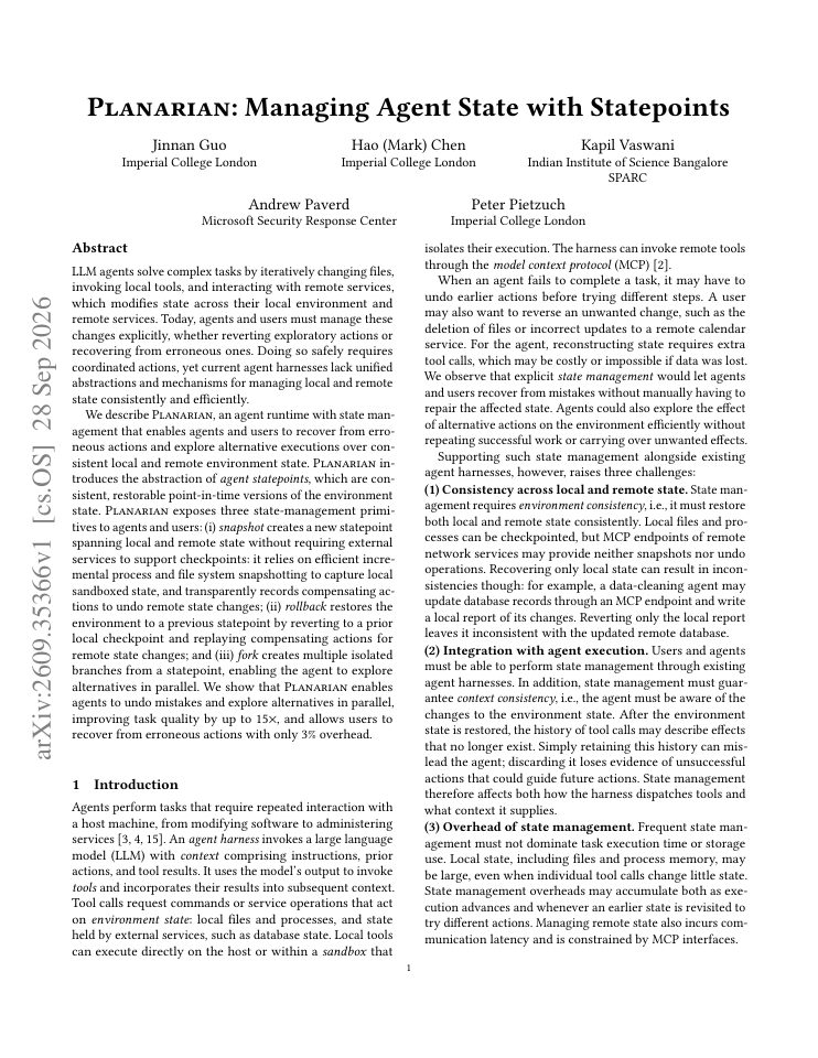 First page of Planarian: Managing Agent State with Statepoints