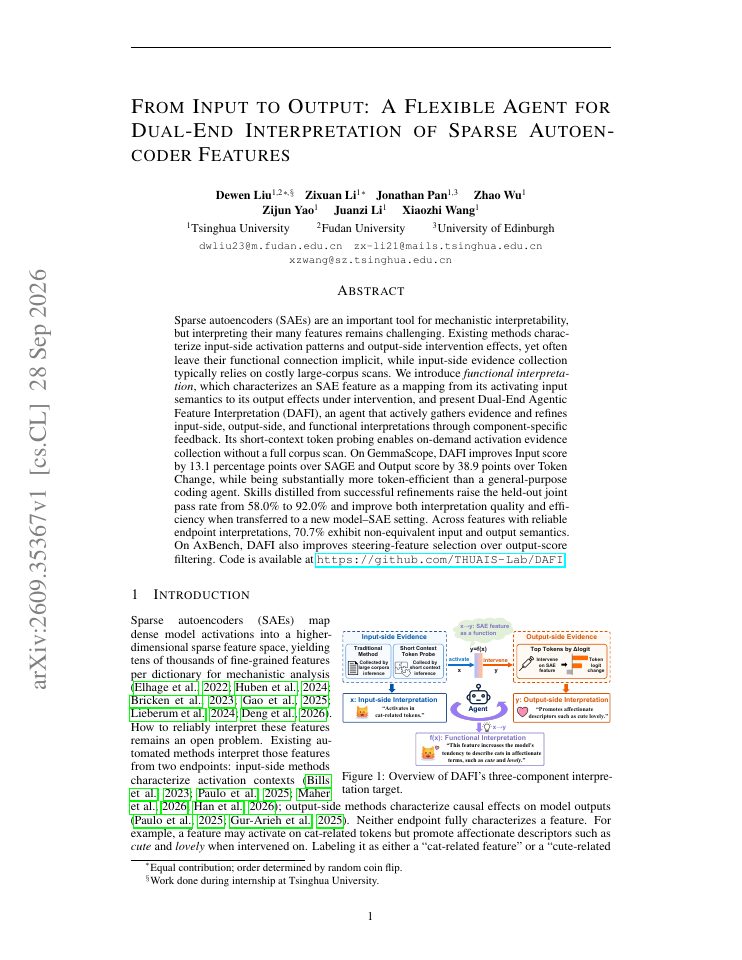 First page of From Input to Output: A Flexible Agent for Dual-End Interpretation of Sparse Autoencoder Features