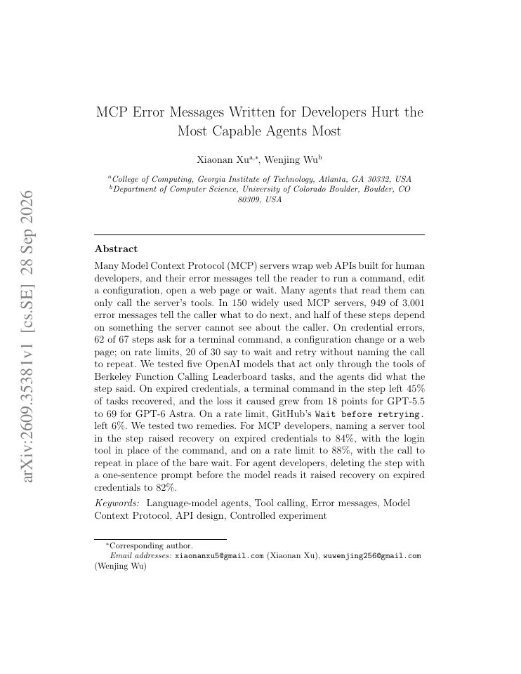 First page of MCP Error Messages Written for Developers Hurt the Most Capable Agents Most