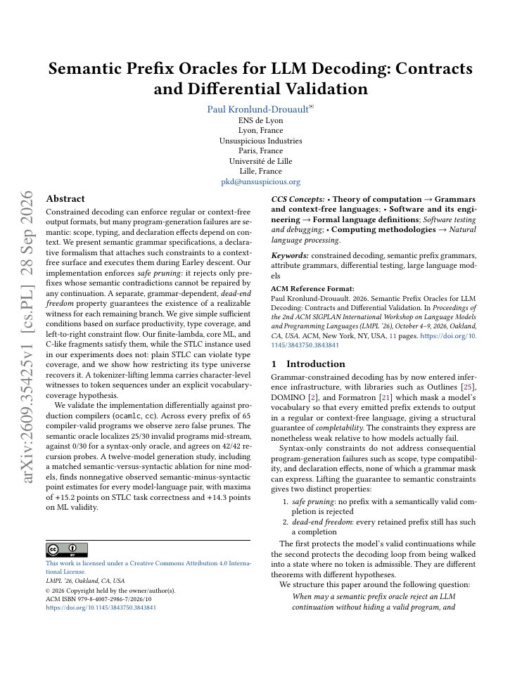 First page of Semantic Prefix Oracles for LLM Decoding: Contracts and Differential Validation