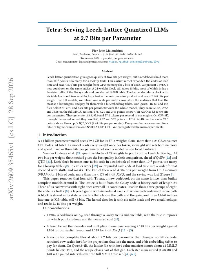 First page of Tetra: Serving Leech-Lattice Quantized LLMs at 2.7 Bits per Parameter