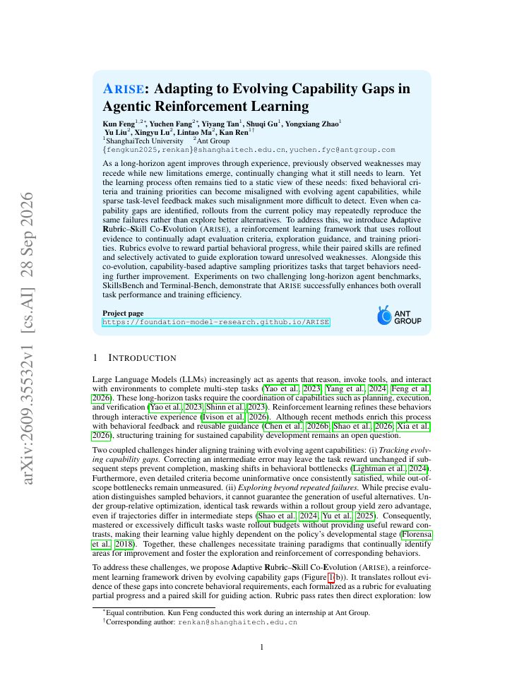 First page of ARISE: Adapting to Evolving Capability Gaps in Agentic Reinforcement Learning