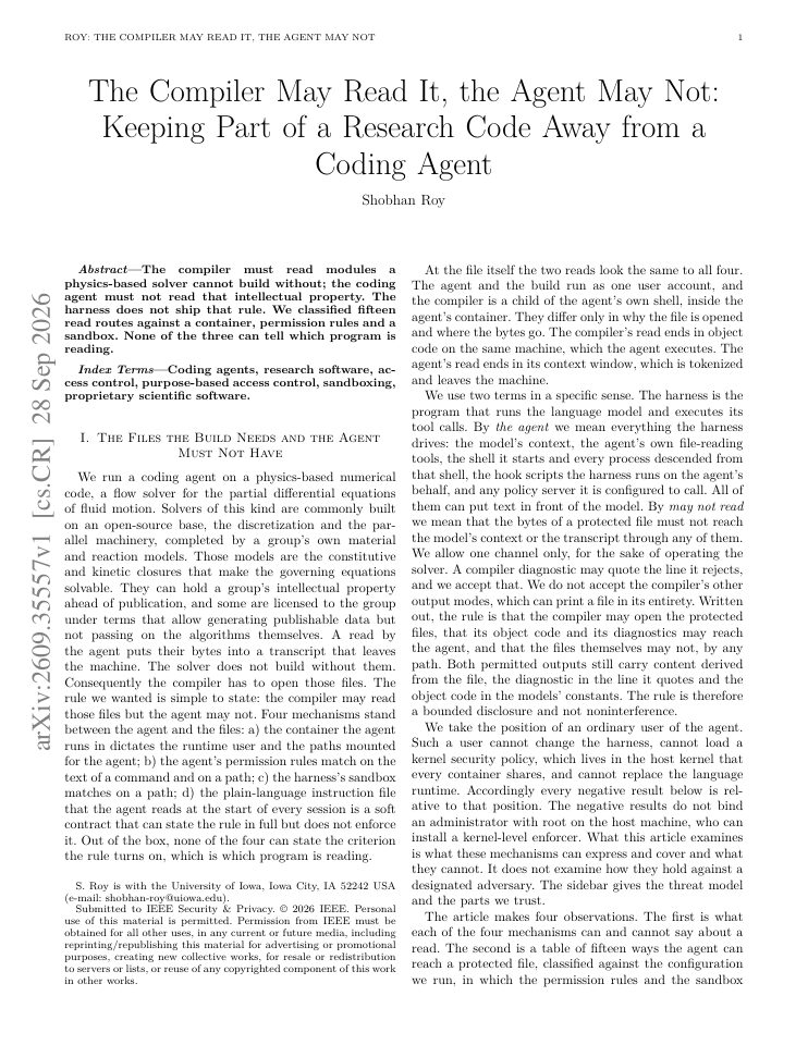 First page of The Compiler May Read It, the Agent May Not: Keeping Part of a Research Code Away from a Coding Agent