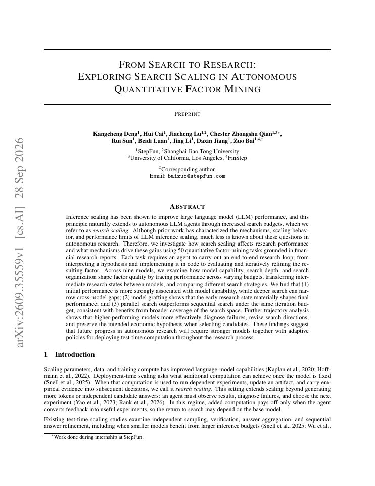 First page of From Search to Research: Exploring Search Scaling in Autonomous Quantitative Factor Mining