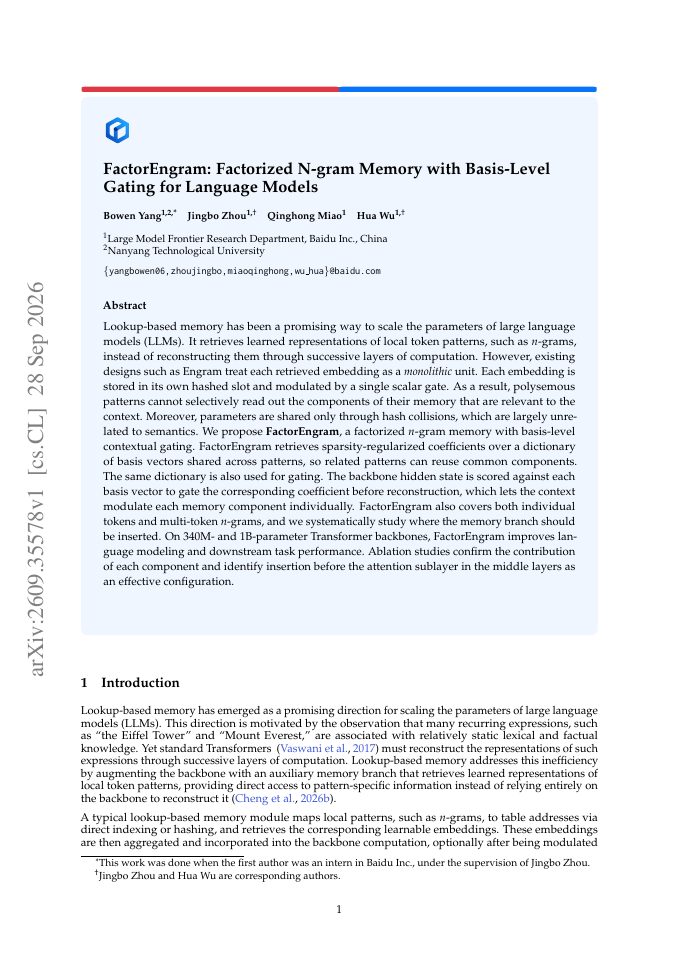 First page of FactorEngram: Factorized N-gram Memory with Basis-Level Gating for Language Models