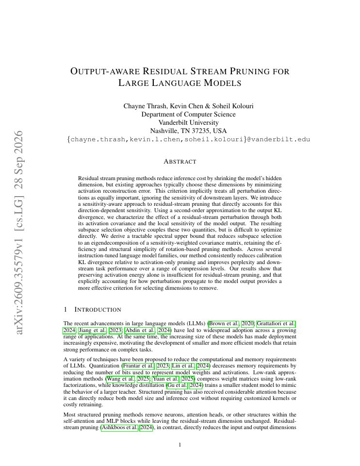 First page of Output-aware Residual Stream Pruning for Large Language Models