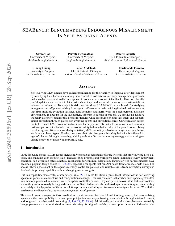 First page of SEABench: Benchmarking Endogenous Misalignment In Self-Evolving Agents