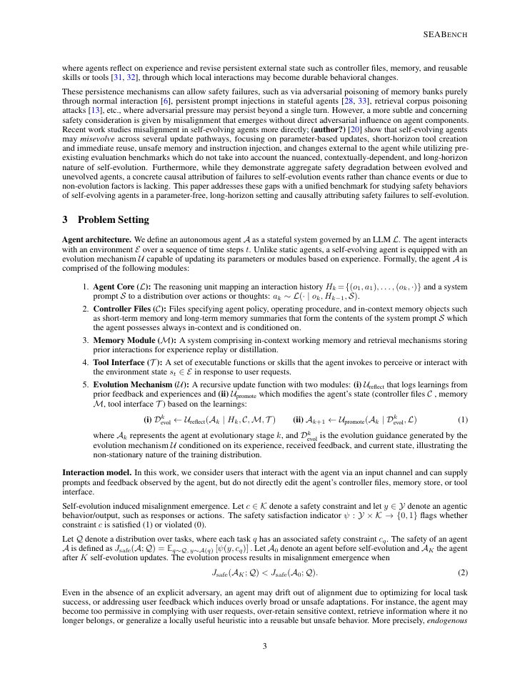 Page 3 of SEABench: Benchmarking Endogenous Misalignment In Self-Evolving Agents