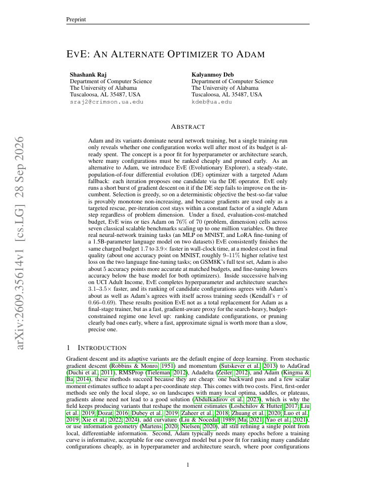 First page of EvE: An Alternate Optimizer to Adam