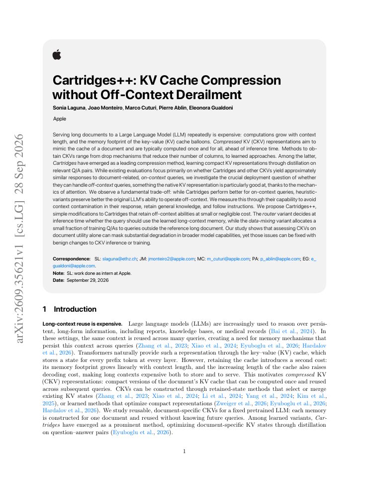 First page of Cartridges++: KV Cache Compression without Off-Context Derailment