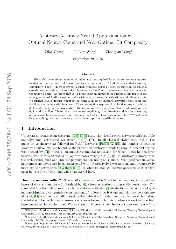 First page of Arbitrary-Accuracy Neural Approximation with Optimal Neuron Count and Near-Optimal Bit Complexity