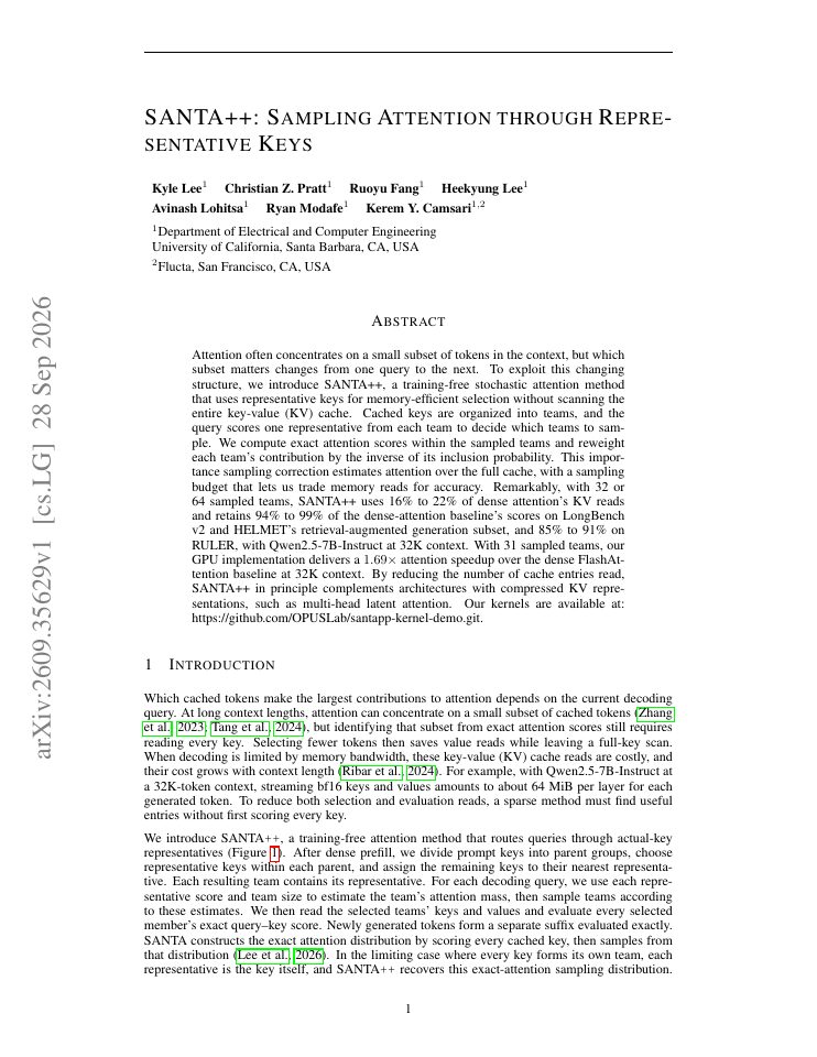 First page of SANTA++: Sampling Attention through Representative Keys