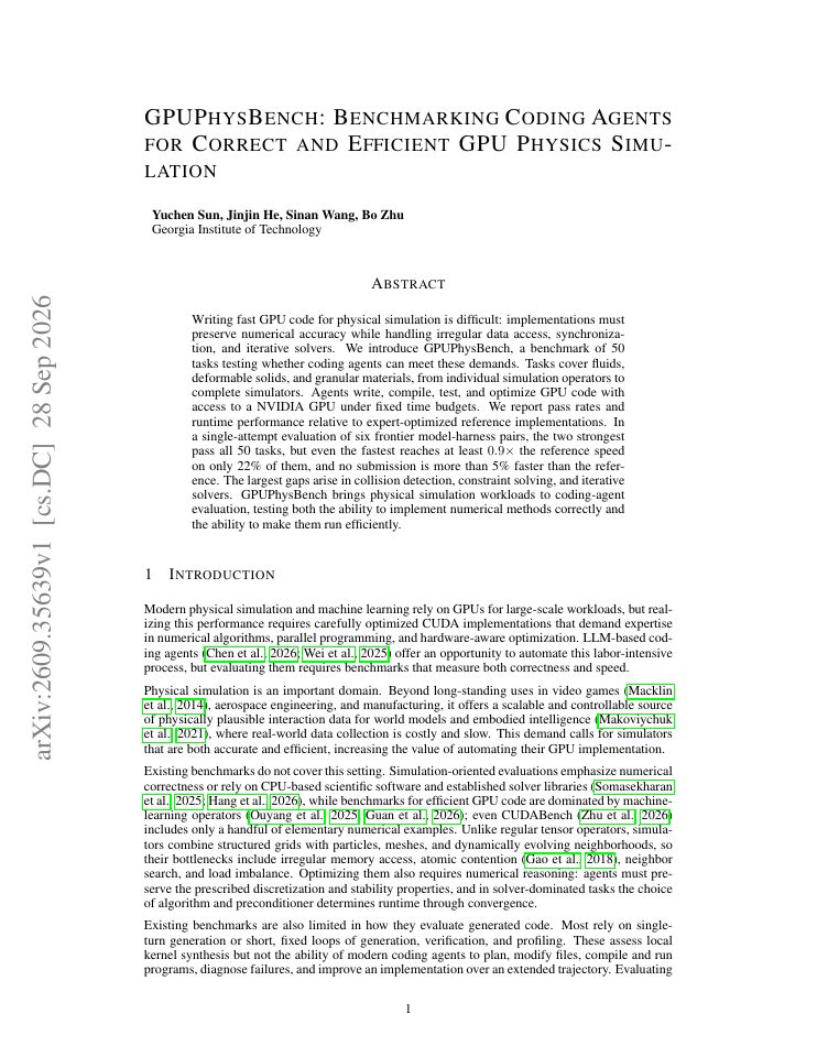 First page of GPUPhysBench: Benchmarking Coding Agents for Correct and Efficient GPU Physics Simulation