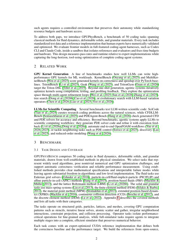 Page 2 of GPUPhysBench: Benchmarking Coding Agents for Correct and Efficient GPU Physics Simulation
