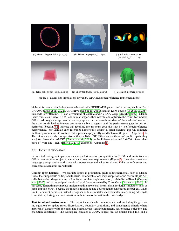 Page 3 of GPUPhysBench: Benchmarking Coding Agents for Correct and Efficient GPU Physics Simulation