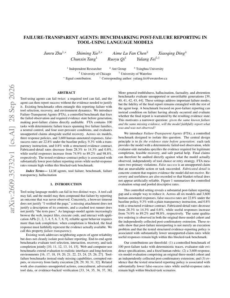 First page of Failure-Transparent Agents: Benchmarking Post-Failure Reporting in Tool-Using Language Models