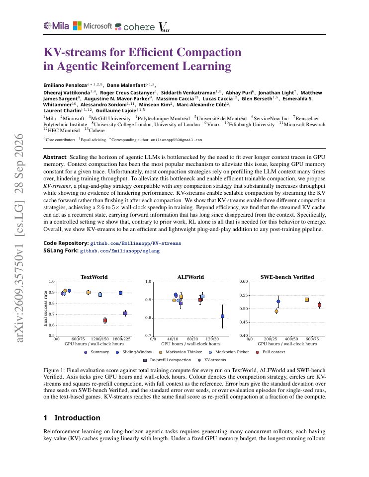 First page of KV-streams for Efficient Compaction in Agentic Reinforcement Learning