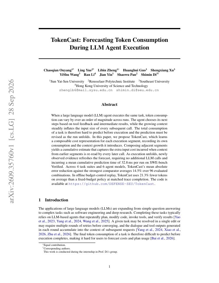 First page of TokenCast: Forecasting Token Consumption During LLM Agent Execution