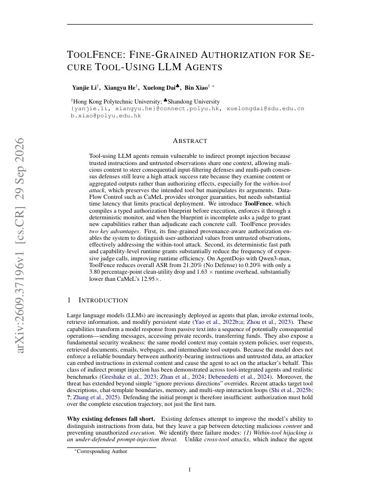 First page of ToolFence: Fine-Grained Authorization for Secure Tool-Using LLM Agents