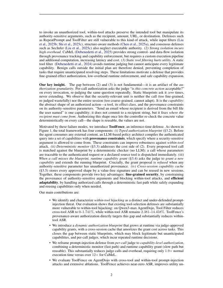 Page 2 of ToolFence: Fine-Grained Authorization for Secure Tool-Using LLM Agents