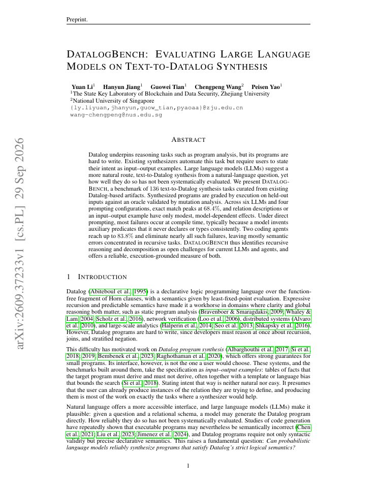 First page of DatalogBench: Evaluating Large Language Models on Text-to-Datalog Synthesis