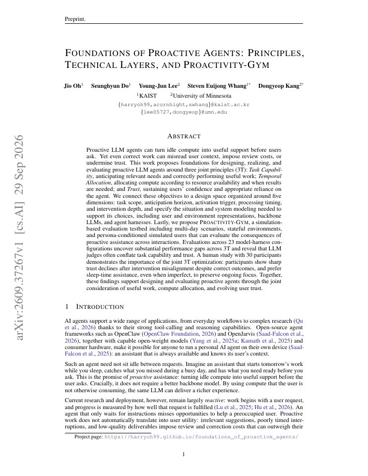 First page of Foundations of Proactive Agents: Principles, Technical Layers, and Proactivity-Gym