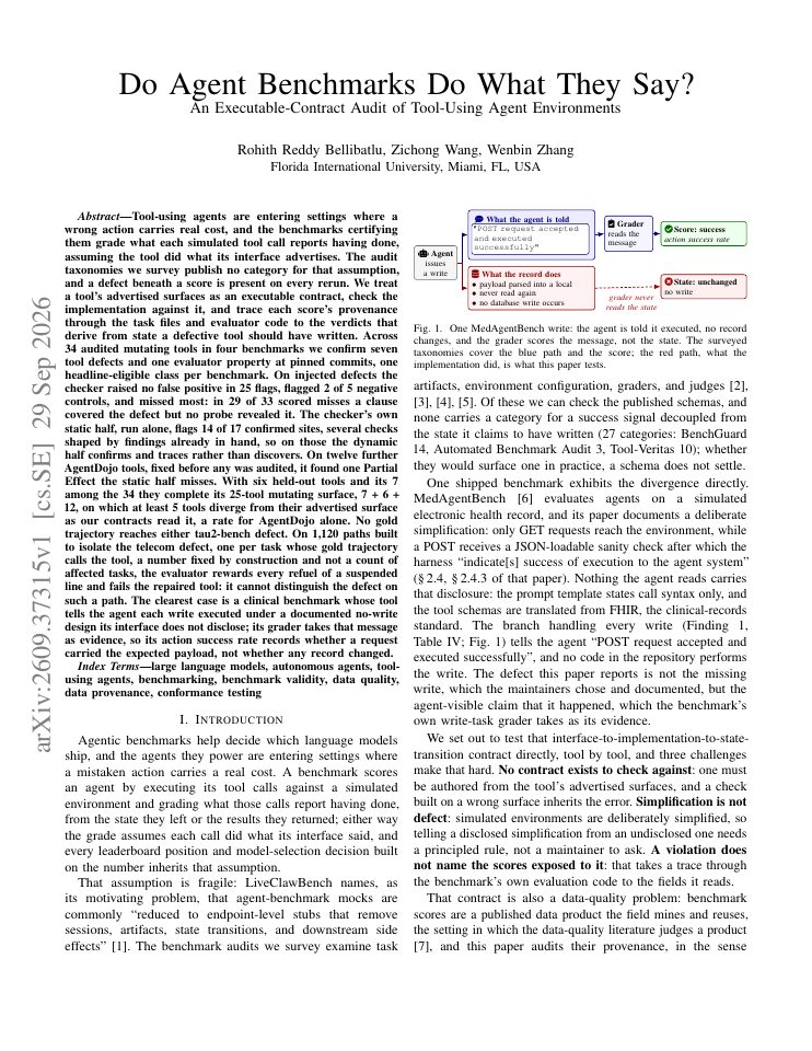 First page of Do Agent Benchmarks Do What They Say? An Executable-Contract Audit of Tool-Using Agent Environments