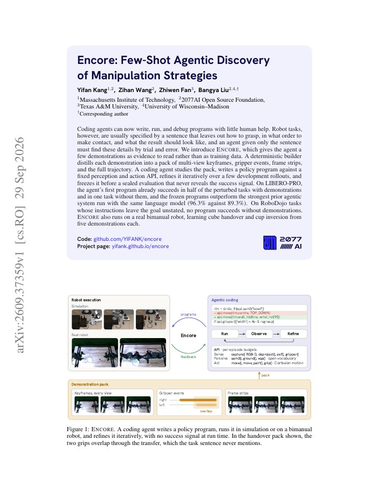First page of Encore: Few-Shot Agentic Discovery of Manipulation Strategies