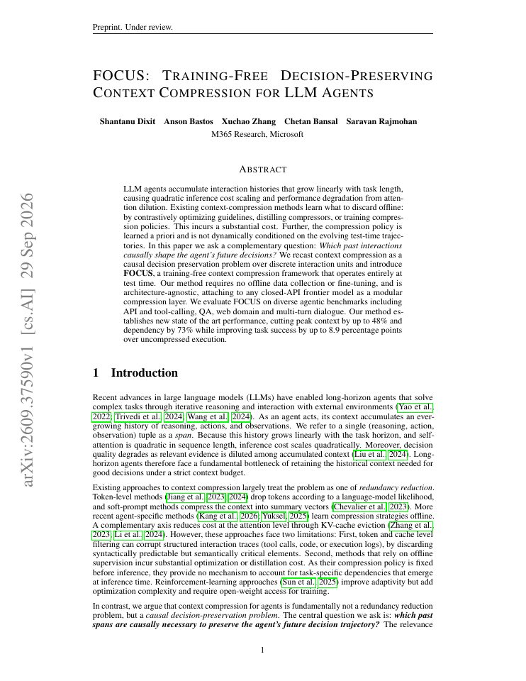 First page of FOCUS: Training-Free Decision-Preserving Context Compression for LLM Agents