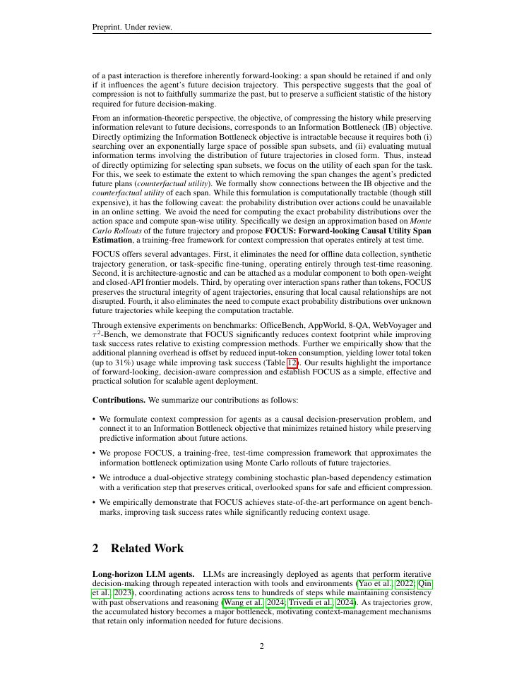 Page 2 of FOCUS: Training-Free Decision-Preserving Context Compression for LLM Agents