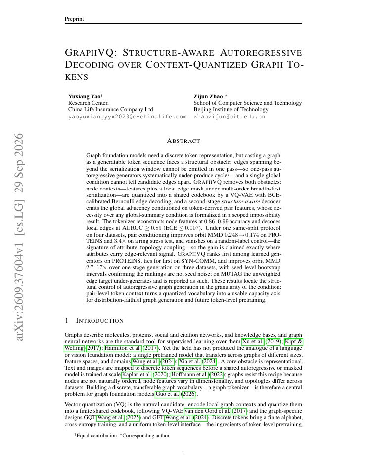First page of GraphVQ: Structure-Aware Autoregressive Decoding over Context-Quantized Graph Tokens
