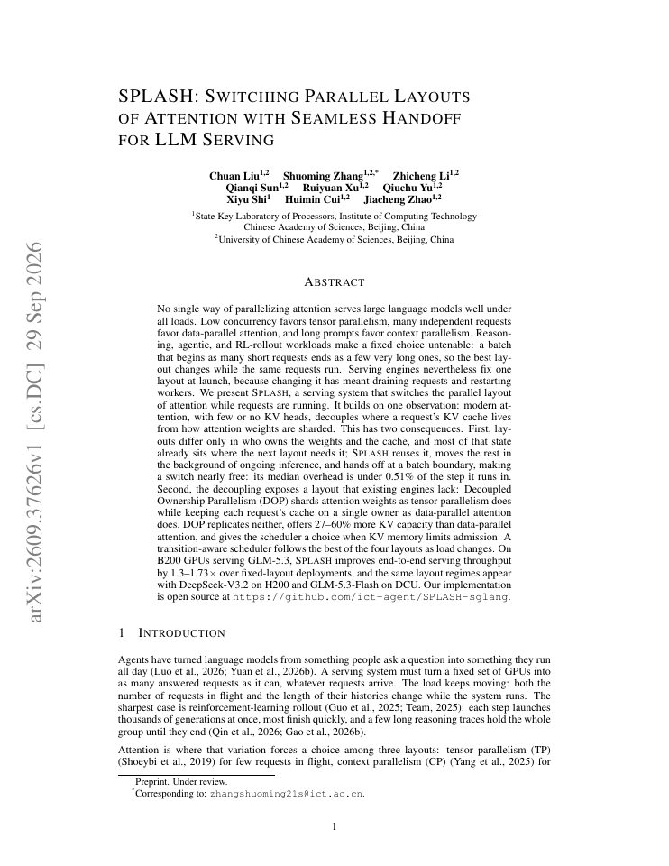 First page of SPLASH: Switching Parallel Layouts of Attention with Seamless Handoff for LLM Serving
