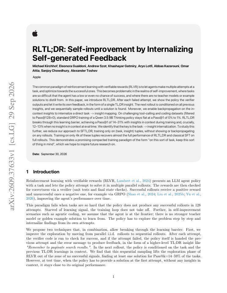 First page of RLTL;DR: Self-improvement by Internalizing Self-generated Feedback