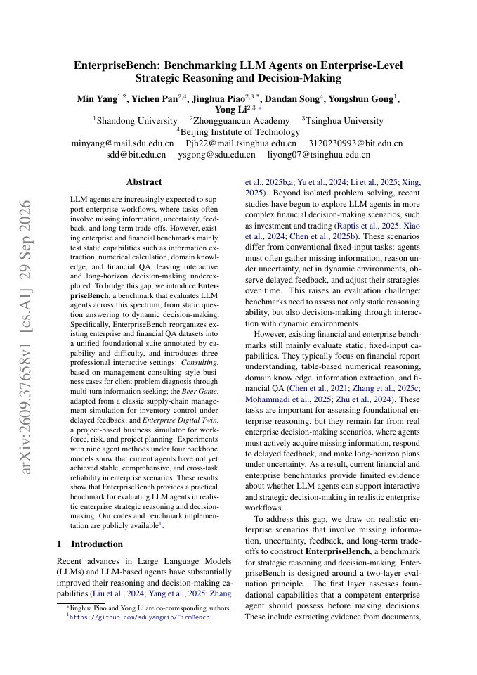 First page of EnterpriseBench: Benchmarking LLM Agents on Enterprise-Level Strategic Reasoning and Decision-Making