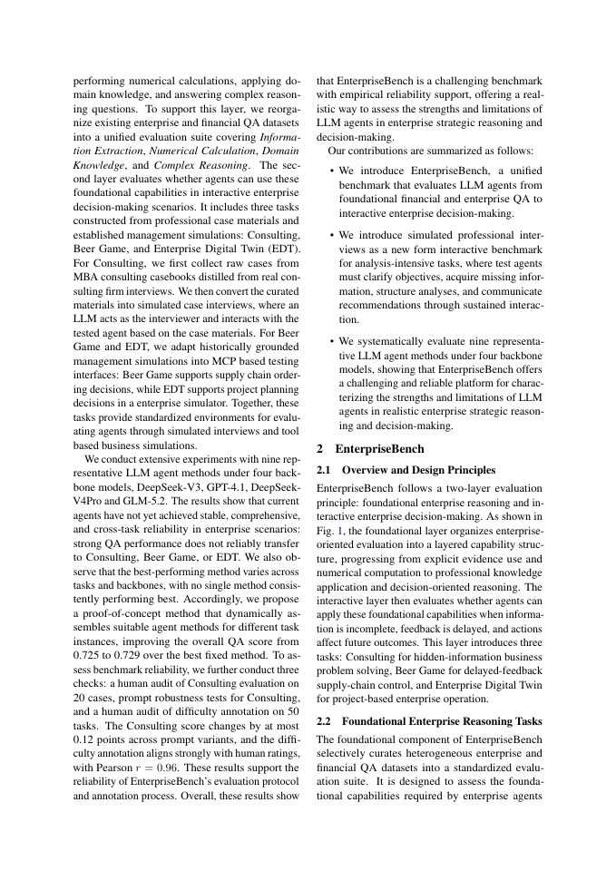 Page 2 of EnterpriseBench: Benchmarking LLM Agents on Enterprise-Level Strategic Reasoning and Decision-Making
