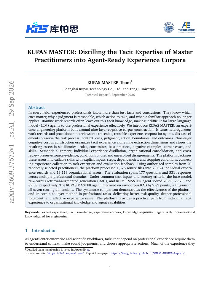 First page of KUPAS MASTER: Distilling the Tacit Expertise of Master Practitioners into Agent-Ready Experience Corpora