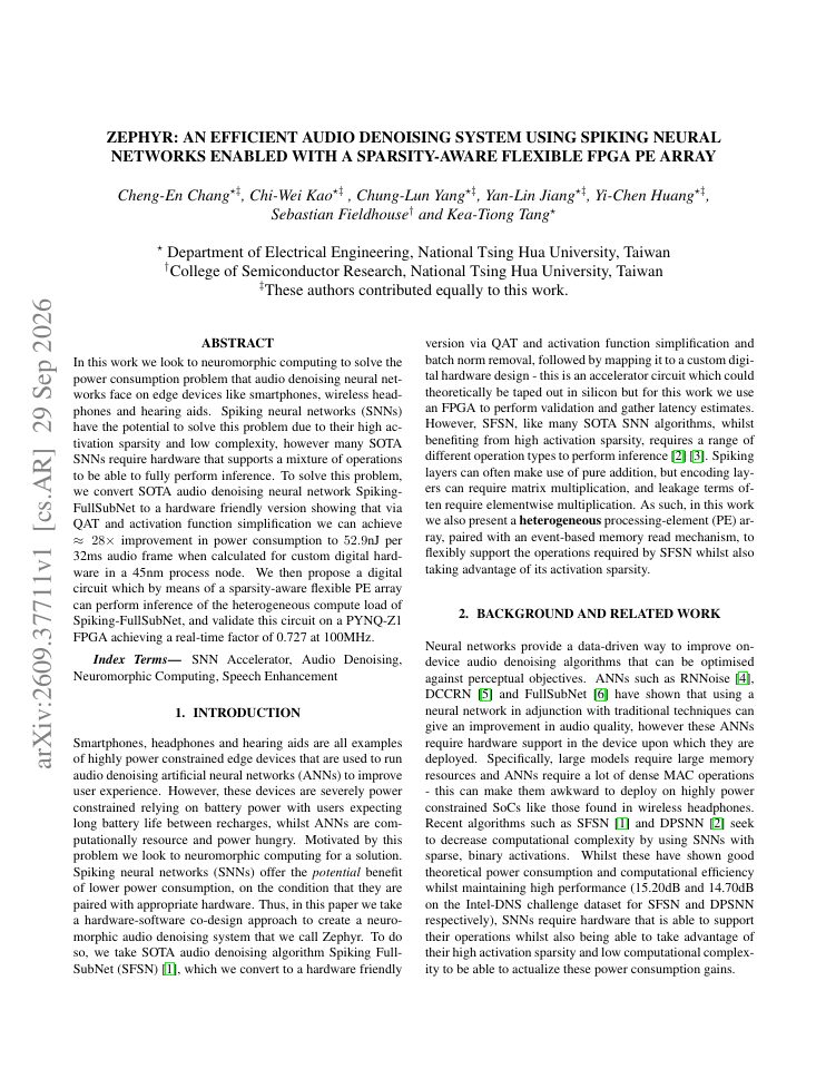 First page of Zephyr: An Efficient Audio Denoising System Using Spiking Neural Networks Enabled With A Sparsity-Aware Flexible FPGA PE Array