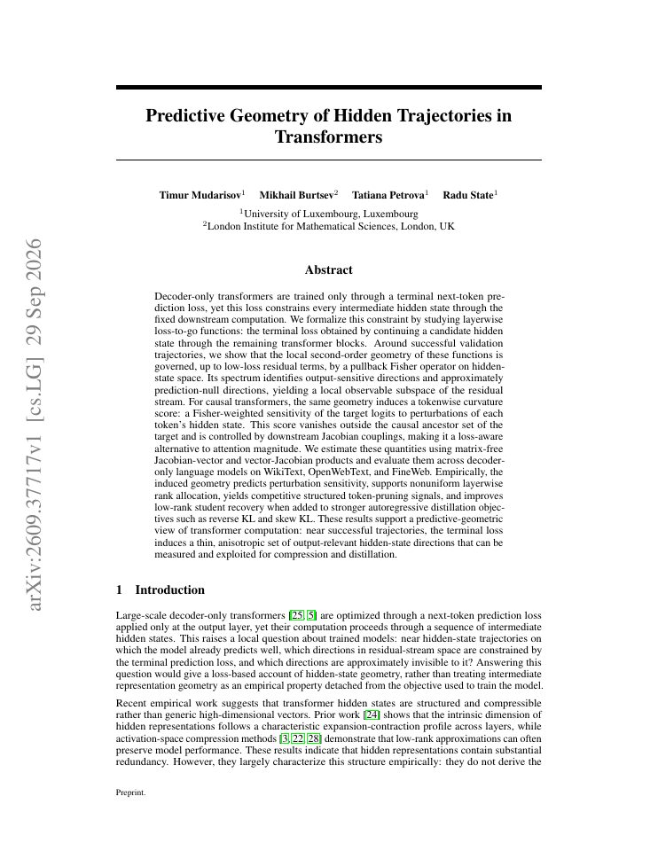 First page of Predictive Geometry of Hidden Trajectories in Transformers