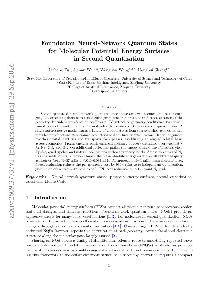 First page of Foundation Neural-Network Quantum States for Molecular Potential Energy Surfaces in Second Quantization