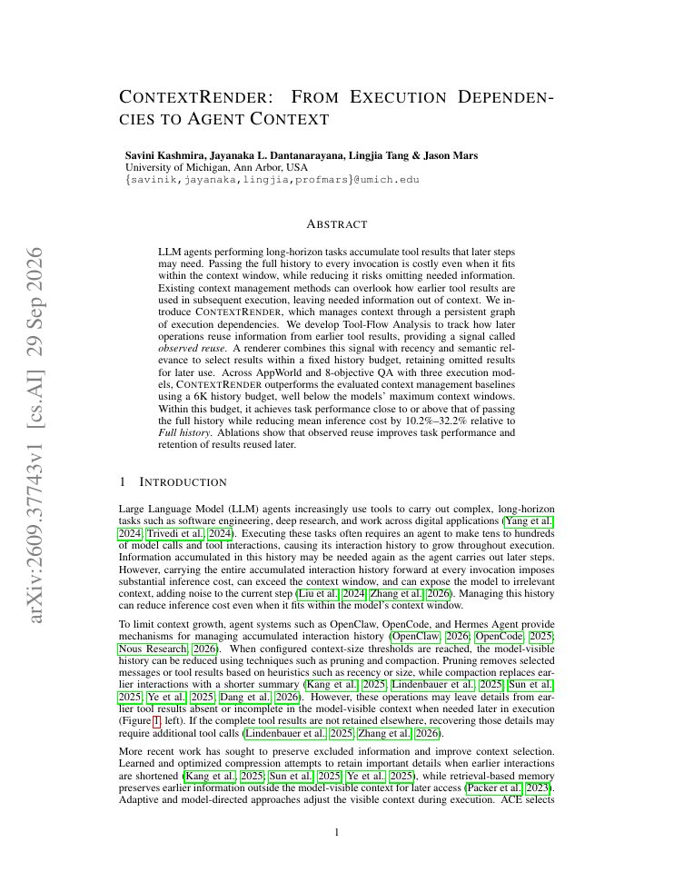First page of ContextRender: From Execution Dependencies to Agent Context