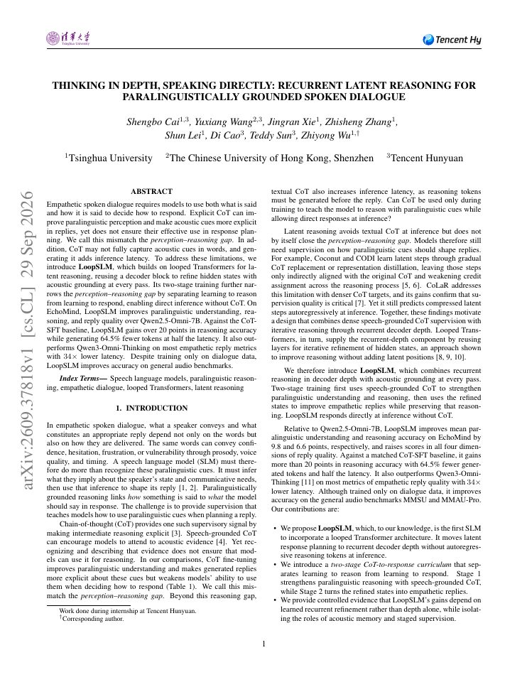 First page of Thinking in Depth, Speaking Directly: Recurrent Latent Reasoning for Paralinguistically Grounded Spoken Dialogue