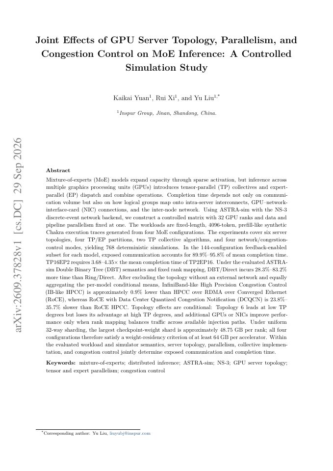 First page of Joint Effects of GPU Server Topology, Parallelism, and Congestion Control on MoE Inference: A Controlled Simulation Study