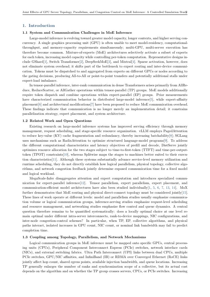 Page 2 of Joint Effects of GPU Server Topology, Parallelism, and Congestion Control on MoE Inference: A Controlled Simulation Study