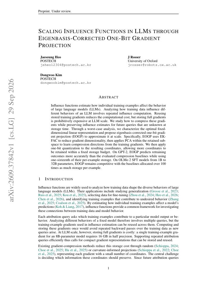 First page of Scaling Influence Functions in LLMs through Eigenbasis-Corrected One-Bit Gradient Projection