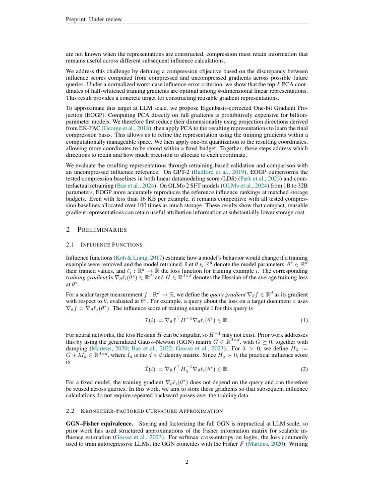 Page 2 of Scaling Influence Functions in LLMs through Eigenbasis-Corrected One-Bit Gradient Projection