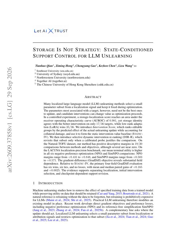 First page of Storage Is Not Strategy: State-Conditioned Support Control for LLM Unlearning
