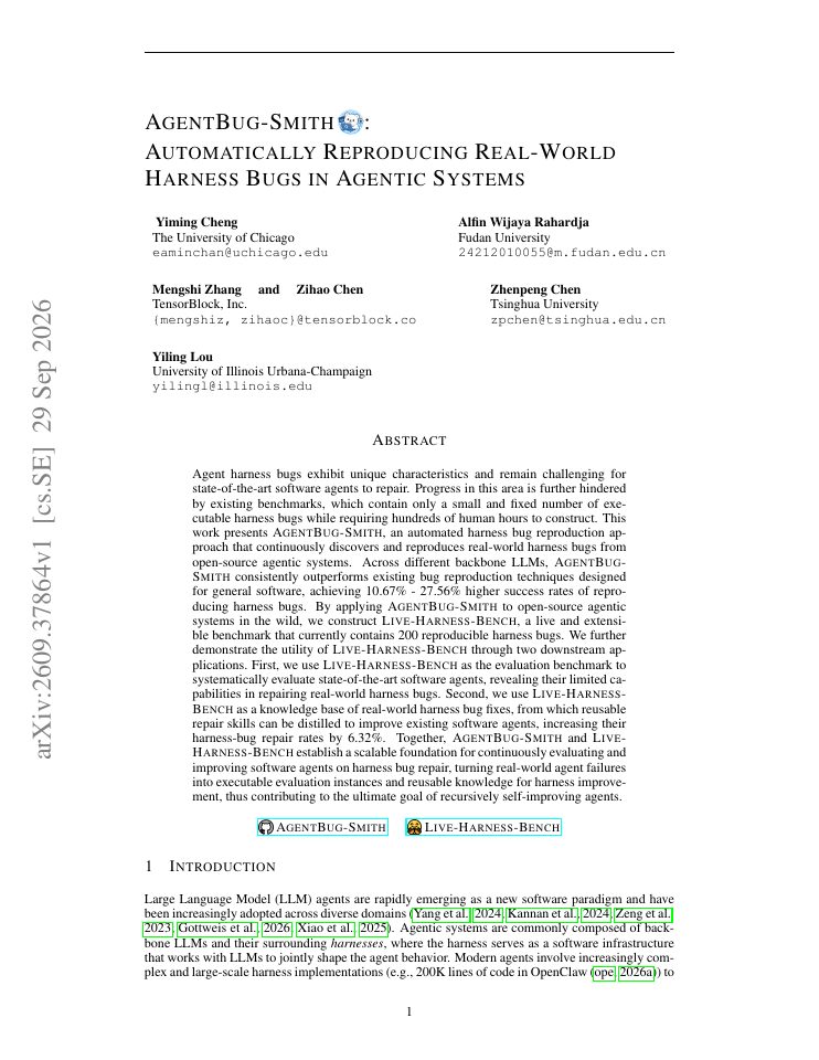 First page of AgentBug-Smith: Automatically Reproducing Real-World Harness Bugs in Agentic Systems