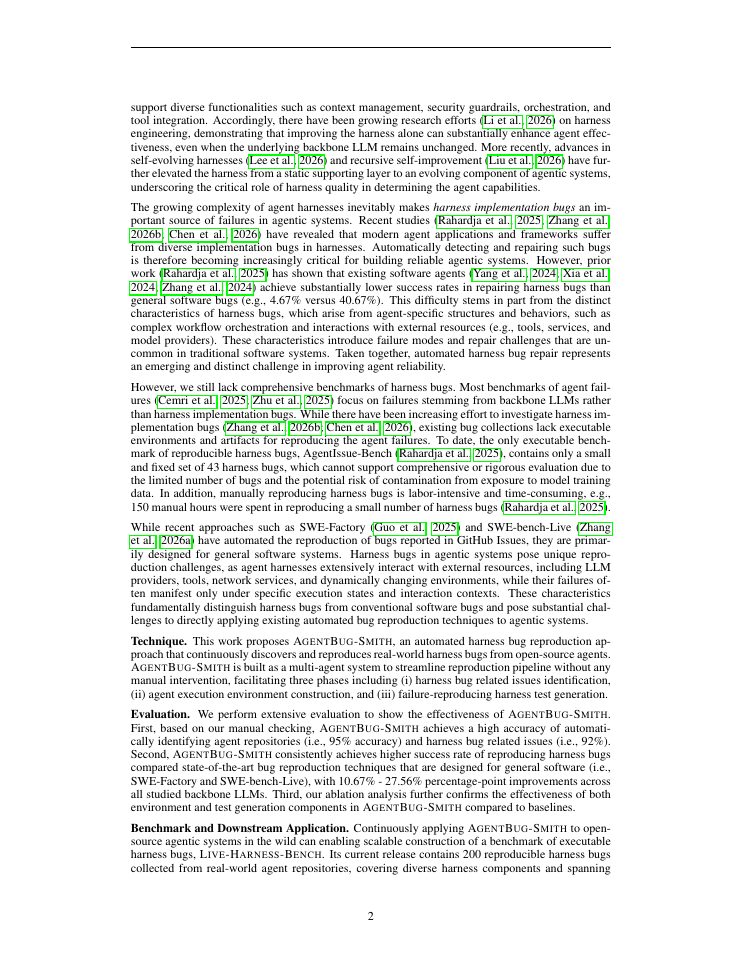 Page 2 of AgentBug-Smith: Automatically Reproducing Real-World Harness Bugs in Agentic Systems