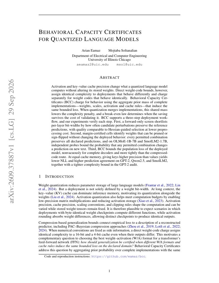 First page of Behavioral Capacity Certificates for Quantized Language Models