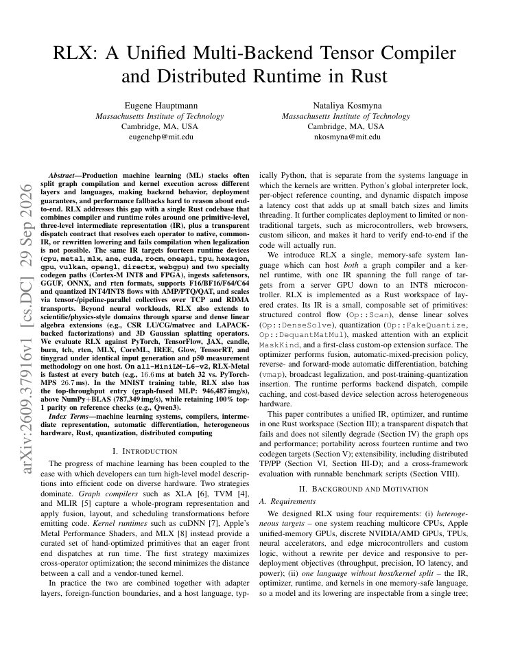 First page of RLX: A Unified Multi-Backend Tensor Compiler and Distributed Runtime in Rust